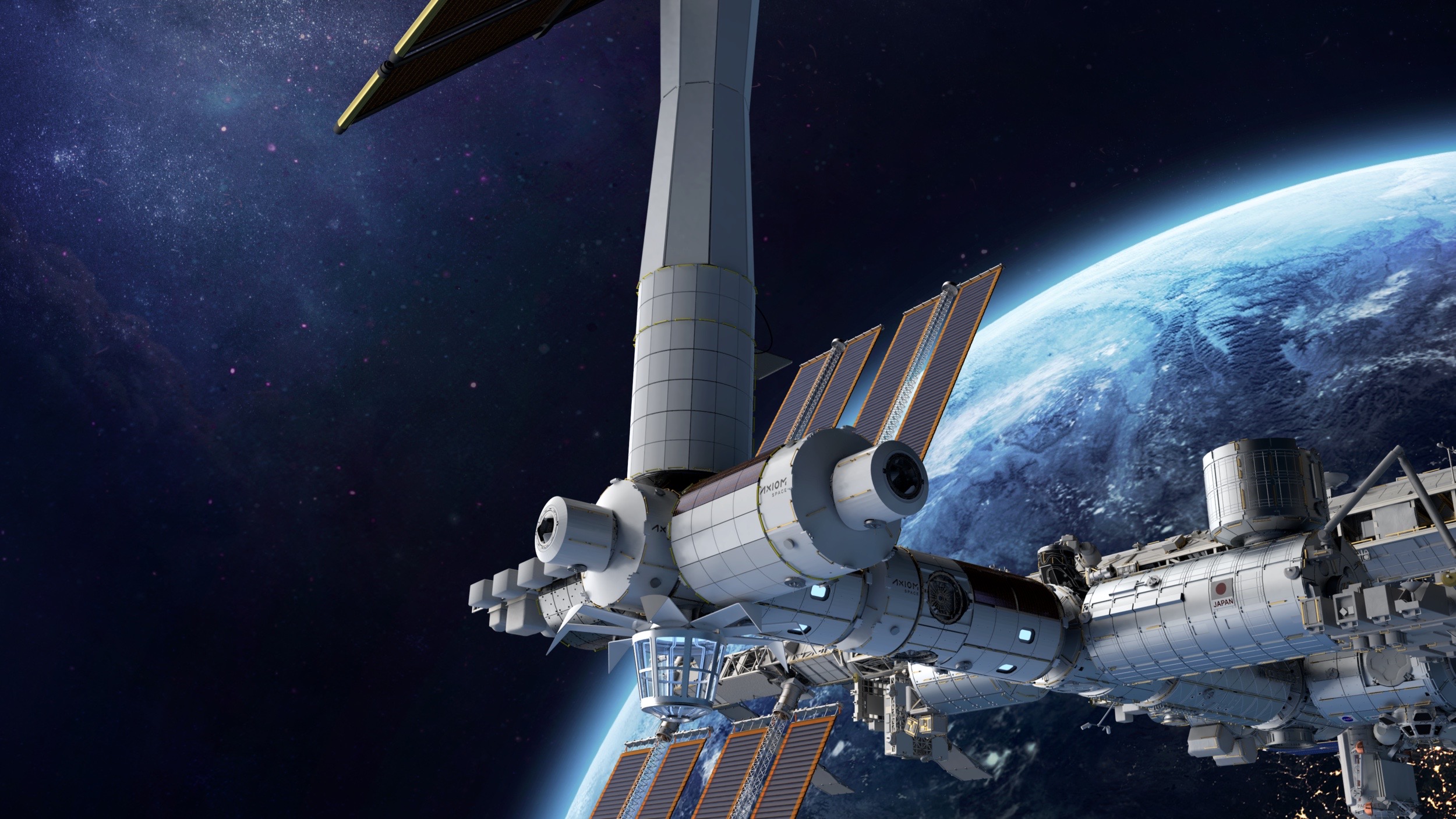 رسم توضيحي لفنان لمحطة الفضاء التي تخطط شركة Axiom Space ومقرها هيوستن لبنائها في مدار حول الأرض.