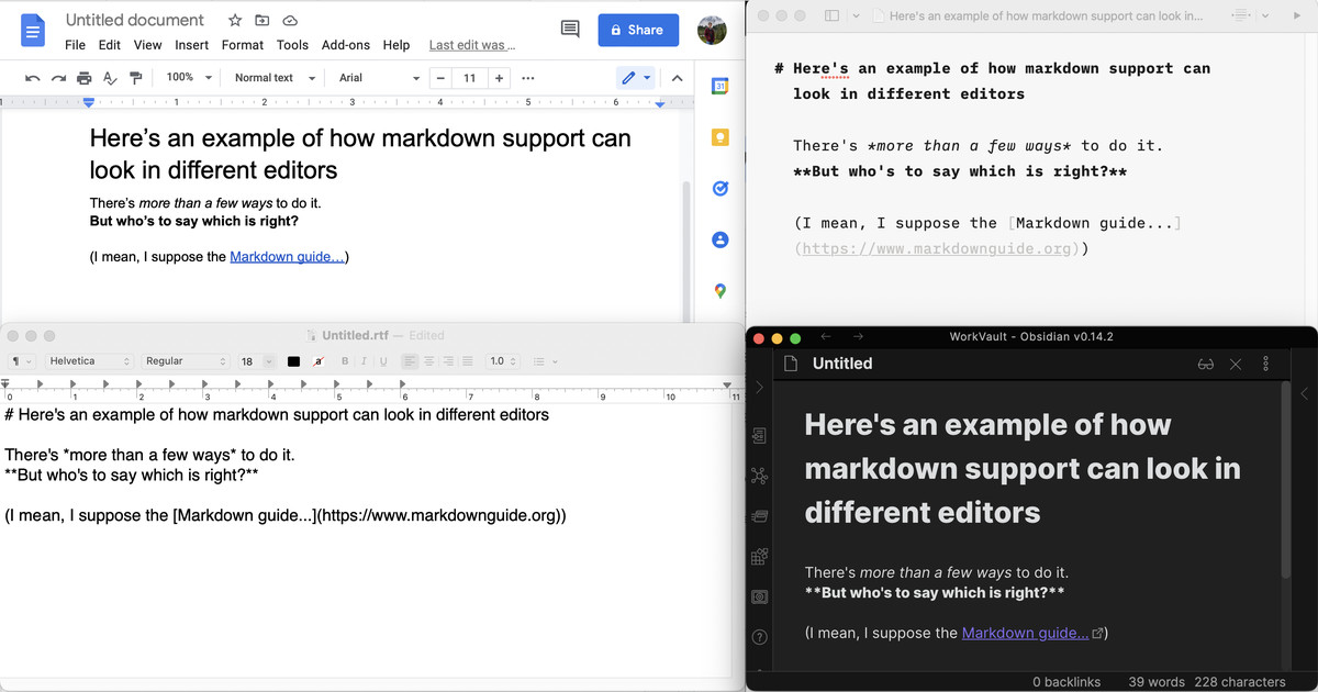 لقطة شاشة توضح كيفية تعامل محرر مستندات Google و IA Writer و TextEdit.app و Obsidian لعرض نص Markdown.