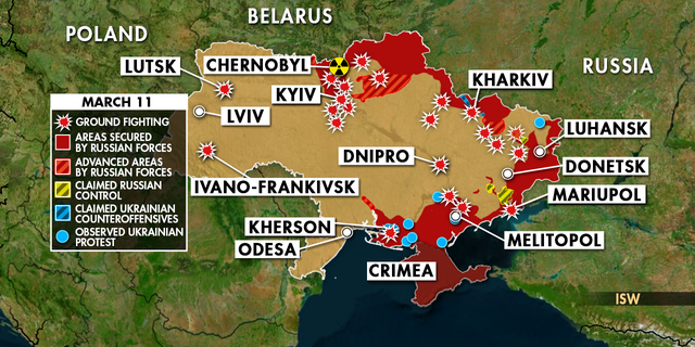 تُظهر الخريطة الغزو الروسي لأوكرانيا اعتبارًا من 11 مارس 2022. 
