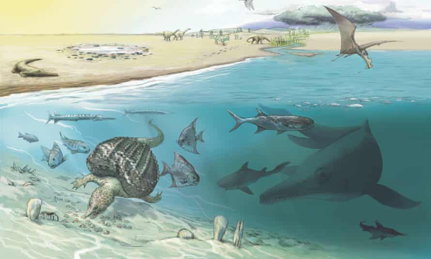 يُعتقد أن الإكثيوصورات بحجم الحوت ، إلى اليمين ، قد زارت المياه الضحلة من حين لآخر