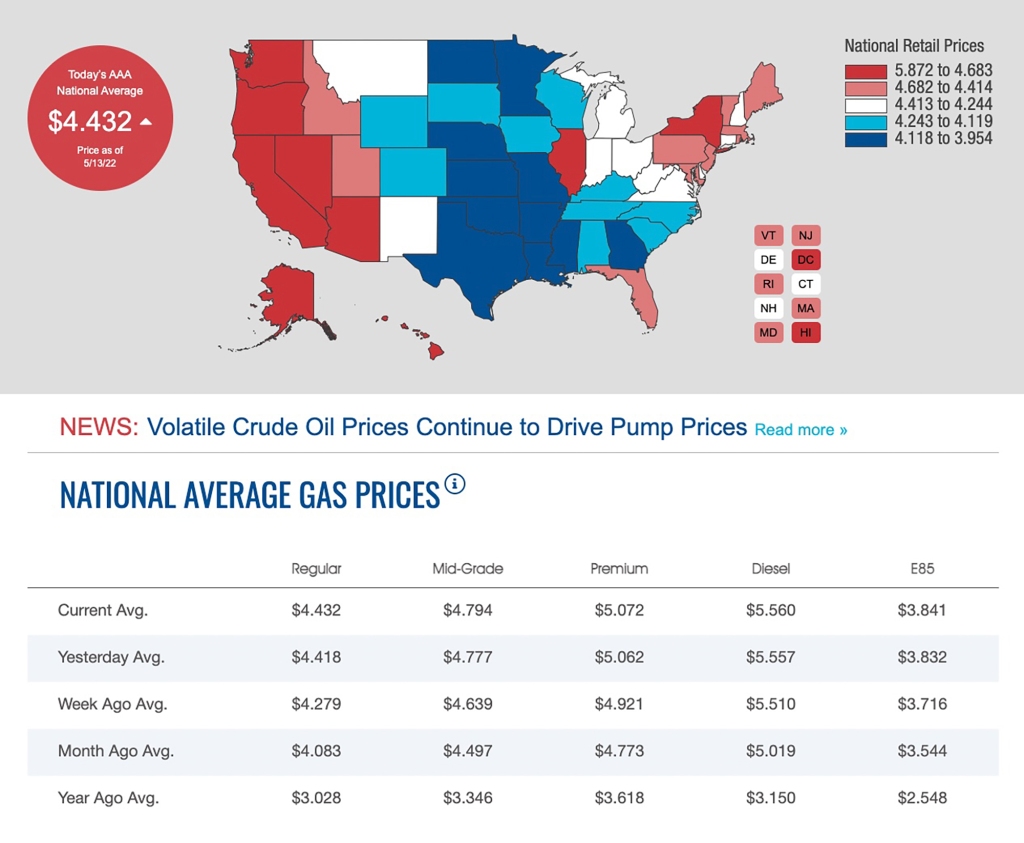 خريطة توضح ارتفاع أسعار الغاز في جميع أنحاء الولايات المتحدة.