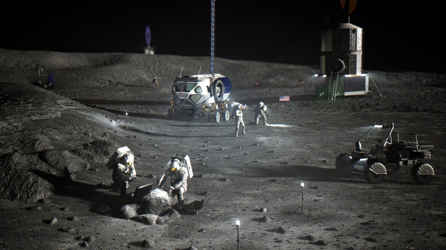 تصوير فني لرواد فضاء ناسا في القطب الجنوبي للقمر وهم يقومون بأعمال مبكرة لإنشاء معسكر قاعدة أرتميس.