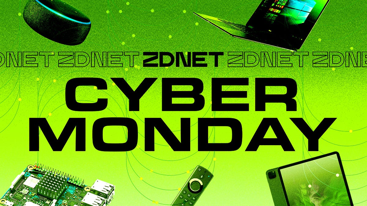 نص كبير أبيض في Cyber ​​Monday يحتوي على أجهزة إلكترونية خلفه