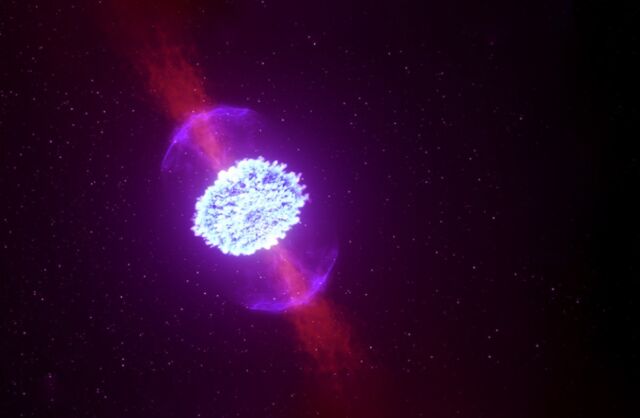 عندما تندمج النجوم النيوترونية ، يمكنها إنتاج مقذوفات مشعة تعمل على تشغيل إشارة كيلونوفا.  تحول انفجار أشعة غاما الذي تم رصده مؤخرًا للإشارة إلى حدث هجين لم يتم اكتشافه سابقًا يتضمن كيلونوفا.